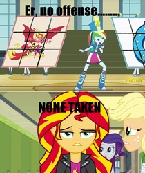 Size: 697x828 | Tagged: safe, screencap, applejack, rainbow dash, rarity, sunset shimmer, equestria girls, g4, my little pony equestria girls: friendship games, my little pony equestria girls: rainbow rocks, chs rally song, discovery family logo, female, sunset satan
