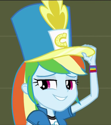 Size: 596x671 | Tagged: safe, screencap, rainbow dash, equestria girls, g4, my little pony equestria girls: friendship games, chs rally song, clothes, female, hat, shako, smiling, solo, tips fedora