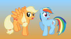 Size: 1275x711 | Tagged: safe, artist:ohemo, applejack, rainbow dash, earth pony, pegasus, pony, g4, duo, duo female, earth pony rainbow dash, female, flapplejack, gradient background, mare, missing accessory, race swap, shocked