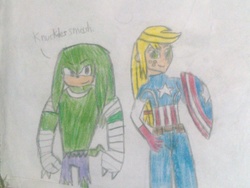 Size: 1024x768 | Tagged: safe, artist:brandonale, applejack, equestria girls, g4, appleknux, captain america, clothes, cosplay, costume, crossdressing, crossover, knuckles the echidna, male, sonic boom, sonic the hedgehog (series), the incredible hulk, traditional art