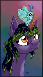 Size: 633x1118 | Tagged: safe, artist:sagebrush, artist:saoirsepdg, oc, oc only, oc:evening thistle, moth, pony, unicorn, purple