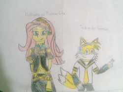 Size: 1024x768 | Tagged: safe, artist:brandonale, fluttershy, equestria girls, g4, clothes, cosplay, costume, crossover, fluttertails, kagamine len, male, megurine luka, miles "tails" prower, sonic the hedgehog (series), traditional art, vocaloid