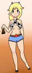 Size: 514x1151 | Tagged: artist needed, safe, applejack, satyr, g4, bell, belly button, belt, clothes, cloven hooves, cow girl, cowbell, cowified, cowprint, daisy dukes, drawthread, female, freckles, hooves, horn, horned humanization, humanized, midriff, solo