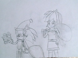 Size: 1024x768 | Tagged: safe, artist:brandonale, rainbow dash, g4, crossover, crossover shipping, female, male, monochrome, shipping, sonic the hedgehog, sonic the hedgehog (series), sonicdash, straight, traditional art