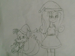 Size: 1024x768 | Tagged: safe, artist:brandonale, fluttershy, equestria girls, g4, crossover, fluttertails, male, miles "tails" prower, monochrome, sonic the hedgehog (series), traditional art