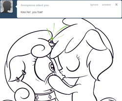 Size: 600x500 | Tagged: safe, artist:a6p, dinky hooves, sweetie belle, pony, unicorn, ask dinky doo, g4, female, filly, foal, kiss on the lips, kissing, lesbian, meanie belle, monochrome, ship:dinkybelle, shipping, surprise kiss, tumblr