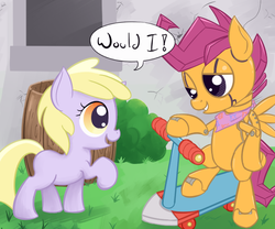 Size: 600x500 | Tagged: safe, artist:a6p, dinky hooves, scootaloo, ask dinky doo, ask scootabot, g4, barrel, scootabot, scooter, tumblr
