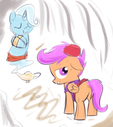 Size: 500x565 | Tagged: safe, artist:a6p, scootaloo, trixie, genie, pony, unicorn, g4, aladdin, butt, clothes, cosplay, costume, crossover, female, filly, foal, mare, plot