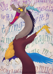 Size: 576x800 | Tagged: safe, artist:celestiathegreatest, discord, g4, andy williams, love story, male, singing, solo, song reference, where do i begin