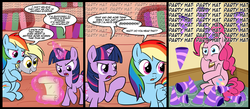 Size: 1500x656 | Tagged: safe, artist:madmax, derpy hooves, pinkie pie, rainbow dash, twilight sparkle, earth pony, pegasus, pony, unicorn, g4, comic, female, fourth wall, hat, levitation, magic, mare, party hat, telekinesis, unicorn twilight