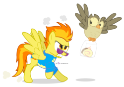 Size: 850x600 | Tagged: safe, artist:dm29, owlowiscious, spitfire, g4, cake, chase, duo, simple background, thief, transparent background, wonderbolts uniform