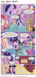 Size: 1045x2190 | Tagged: safe, artist:saturdaymorningproj, fluttershy, twilight sparkle, alicorn, pony, comic:pie and seek, g4, balloon, clothes, clue, comic, covering, doll, female, five nights at freddy's, mare, pinkie costume, pony costume, toy, twilight sparkle (alicorn)