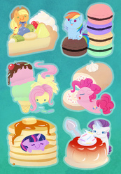 Size: 1800x2600 | Tagged: safe, artist:anzicorn, applejack, fluttershy, pinkie pie, rainbow dash, rarity, twilight sparkle, g4, chibi, cute, food, i'm pancake, ice cream, macaron, mane six, pancakes, pie, pixiv, ponies in food, pudding, swiss roll