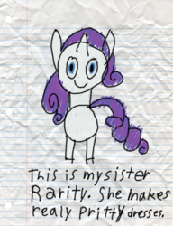 Size: 600x783 | Tagged: safe, artist:fonypan, artist:sweetie belle, rarity, g4, female, lined paper, misspelling, quality, solo, stylistic suck, sweetie's jurnal