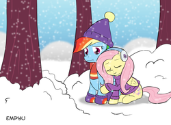 Size: 1000x733 | Tagged: safe, artist:empyu, fluttershy, rainbow dash, pony, g4, tanks for the memories, clothes, cuddling, duo, fluttershy's purple sweater, hat, sad, snow, snowfall, snuggling, sweater