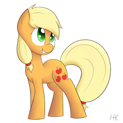 Size: 1280x1280 | Tagged: safe, artist:artsysparks, applejack, g4, female, looking back, simple background, smiling, solo