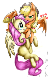 Size: 481x760 | Tagged: safe, artist:kkuyo, applejack, fluttershy, bat pony, pony, vampire, vampony, g4, applebat, blood, female, race swap, scared