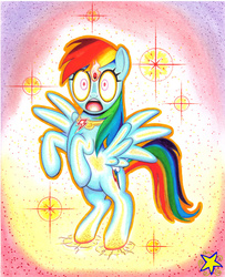 Size: 800x987 | Tagged: safe, artist:ziemospendric, rainbow dash, g4, crossover, element of loyalty, female, glowing eyes, infinity gems, marvel, open mouth, power gem, rearing, solo, spread wings, traditional art