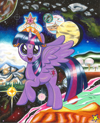 Size: 800x985 | Tagged: safe, artist:ziemospendric, twilight sparkle, alicorn, pony, g4, big crown thingy, crossover, female, infinity gems, mare, marvel, raised hoof, solo, space, space gem, traditional art, twilight sparkle (alicorn)