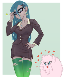 Size: 1080x1285 | Tagged: safe, artist:ta-na, queen chrysalis, oc, oc:fluffle puff, human, equestria girls, g4, :p, breasts, business suit, businessalis, businessmare, busty queen chrysalis, canon x oc, cleavage, clothes, dress, dress suit, equestria girls-ified, fangs, female, garter belt, garter straps, garters, glasses, heart, holey clothes, humanized, lesbian, looking at you, ship:chrysipuff, shipping, side slit, skirt, skirt suit, socks, stockings, suit, thigh highs, tongue out, tube skirt, zettai ryouiki