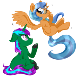 Size: 894x894 | Tagged: safe, artist:elimicho, oc, oc only, pegasus, pony, unicorn, floppy ears, flying, glasses, nose wrinkle, teasing