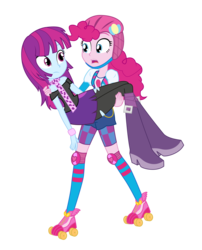 Size: 2000x2470 | Tagged: safe, artist:amante56, mystery mint, pinkie pie, equestria girls, g4, my little pony equestria girls: friendship games, background human, boots, carrying, clothes, duo, female, high res, roller skates, shoes, simple background, skating grace, skirt, transparent background, vector