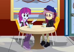 Size: 3000x2099 | Tagged: safe, artist:amante56, mystery mint, oc, oc:lannie lona, equestria girls, g4, background human, beatnik, beret, boots, cafe, clothes, glasses, high res, ice cream, miniskirt, rocker, scarf, shoes, skirt, socks, sweater, thigh highs, thigh socks, turtleneck