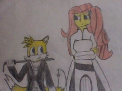 Size: 526x394 | Tagged: safe, artist:brandonale, fluttershy, equestria girls, g4, bleach (manga), clothes, cosplay, costume, crossover, fluttertails, inoue orihime, kurosaki ichigo, male, miles "tails" prower, sonic the hedgehog (series), traditional art