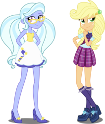 Size: 2345x2768 | Tagged: dead source, safe, artist:xebck, applejack, sugarcoat, equestria girls, g4, my little pony equestria girls: friendship games, alternate hairstyle, alternate universe, bowtie, clothes, clothes swap, crossed legs, crystal prep academy, crystal prep academy uniform, crystal prep shadowbolts, duo, freckles, glasses, high heels, high res, pigtails, plaid skirt, pleated skirt, role reversal, school uniform, shoes, simple background, skirt, socks, transparent background, twintails, vector