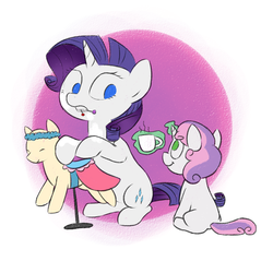 Size: 800x800 | Tagged: safe, artist:pokekid963, rarity, sweetie belle, pony, unicorn, g4, coffee, cup, female, filly, glowing horn, horn, magic, mannequin, mare, mouth hold, pin, ponyquin, siblings, sisters, smiling, telekinesis, working
