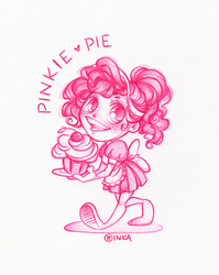 Size: 540x677 | Tagged: dead source, safe, artist:frogmakesart, pinkie pie, human, g4, cherry, clothes, cupcake, dress, female, freckles, humanized, ponytail, solo
