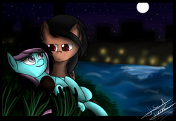 Size: 1840x1266 | Tagged: safe, artist:scarlett-letter, oc, oc only, oc:rock candy, city, commission, couple, female, male, night, oc x oc, shipping, stars, straight