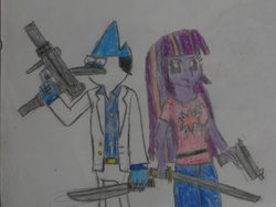 Size: 1024x768 | Tagged: safe, artist:brandonale, twilight sparkle, equestria girls, g4, clothes, cosplay, costume, crossover, left 4 dead 2, male, mordecai, mordetwi, nick, regular show, rochelle, traditional art, twilight sparkle (alicorn)