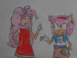Size: 1024x768 | Tagged: safe, artist:brandonale, pinkie pie, equestria girls, g4, amy rose, clothes swap, crossover, sonic the hedgehog (series), traditional art