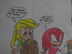 Size: 1024x768 | Tagged: safe, artist:brandonale, applejack, equestria girls, g4, crossover, knuckles the echidna, male, sonic the hedgehog (series), spanish, traditional art