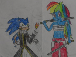 Size: 1024x768 | Tagged: safe, artist:brandonale, rainbow dash, equestria girls, g4, clothes, cosplay, costume, crossover, crossover shipping, erza scarlett, fairy tail, female, male, natsu dragneel, shipping, sonic the hedgehog, sonic the hedgehog (series), sonicdash, straight, traditional art