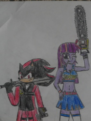 Size: 768x1024 | Tagged: safe, artist:brandonale, clothes, cosplay, costume, crossover, dante (devil may cry), devil may cry, juliet starling, lollipop chainsaw, male, shadow the hedgehog, shadtwi, sonic the hedgehog, sonic the hedgehog (series), traditional art, voice actor joke