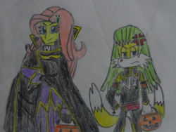 Size: 1024x768 | Tagged: safe, artist:brandonale, fluttershy, equestria girls, g4, c.c., clothes, code geass, cosplay, costume, crossover, fluttertails, lelouch vi britannia, male, miles "tails" prower, sonic the hedgehog (series), traditional art, voice actor joke