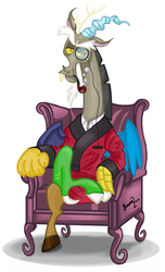 Size: 1425x2350 | Tagged: safe, artist:konekokisses, discord, g4, armchair, bubble pipe, chair, like a sir, looking at you, male, simple background, sir discord, solo