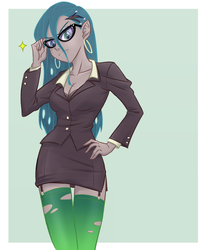 Size: 861x1024 | Tagged: safe, artist:ta-na, edit, queen chrysalis, human, equestria girls, business suit, businessalis, businessmare, cleavage, clothes, dress, dress suit, equestria girls-ified, fangs, female, garters, glasses, holey clothes, humanized, looking at you, skirt, socks, solo, suit, thigh highs, zettai ryouiki