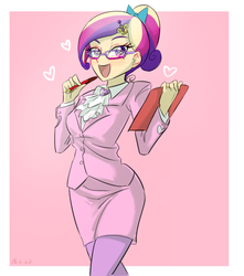 Size: 770x870 | Tagged: safe, artist:ta-na, edit, princess cadance, human, g4, bow, business suit, clothes, cute, dress suit, female, glasses, hair bow, heart, humanized, miniskirt, moe, open mouth, pantyhose, pen, skirt, skirt suit, smiling, solo, suit