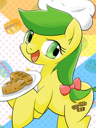 Size: 600x800 | Tagged: safe, artist:apyorehe, apple fritter, earth pony, pony, g4, apple family member, apple fritter (food), female, food, looking at you, open mouth, open smile, pixiv, smiling, smiling at you, solo
