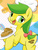 Size: 600x800 | Tagged: safe, artist:apyorehe, apple fritter, earth pony, pony, g4, apple family member, apple fritter (food), female, food, looking at you, open mouth, open smile, pixiv, smiling, smiling at you, solo