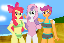 Size: 2815x1887 | Tagged: safe, artist:cyber-murph, apple bloom, scootaloo, sweetie belle, equestria girls, g4, bad anatomy, beach, belly button, bikini, clothes, cutie mark crusaders, group, group photo, older, older apple bloom, older cmc, older scootaloo, older sweetie belle, one-piece swimsuit, small head, sports bra, swimsuit, teenage apple bloom, teenager