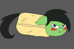 Size: 600x400 | Tagged: artist needed, safe, oc, oc only, oc:filly anon, pony, blanket burrito, blushing, burrito, female, filly, ponified, scrunchy face, solo