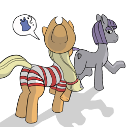 Size: 1280x1280 | Tagged: safe, artist:noginerve, applejack, maud pie, g4, butt, clothes, nudity, one-piece swimsuit, pictogram, plot, simple background, speech bubble, swimsuit, transparent background, we don't normally wear clothes, wrong cutie mark