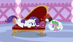 Size: 585x341 | Tagged: safe, artist:lennonblack, rarity, spike, dragon, pony, unicorn, fanfic:dilemma, g4, carousel boutique, couch, fanfic, fanfic art, fanfic cover, female, heart, male, mare, ship:sparity, shipping, story in the source, straight, thinking