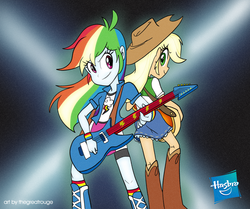 Size: 1134x948 | Tagged: safe, artist:thegreatrouge, applejack, rainbow dash, equestria girls, g4, my little pony equestria girls: rainbow rocks, bass guitar, boots, clothes, cowboy hat, denim skirt, guitar, hasbro logo, hat, looking at each other, mega man (series), megaman x, musical instrument, reference, scene interpretation, signature, skirt, stetson