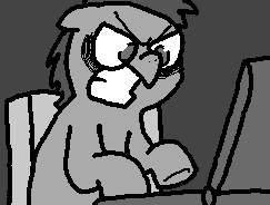 Size: 243x184 | Tagged: safe, artist:pokehidden, oc, oc only, oc:big brian, pony, banned from equestria daily, spoiler:banned from equestria daily 1.5, animated, chair, computer, explicit source, frame by frame, grayscale, laptop computer, male, monochrome, rage, rageposting, reaction image, sitting, solo, stallion, typing, vibrating