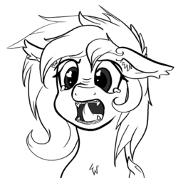Size: 500x500 | Tagged: artist needed, safe, artist:bees, oc, oc only, oc:nisha, bat pony, pony, braces, crying, drawthread, fangs, floppy ears, heart eyes, licking, monochrome, open mouth, sad, solo, teeth, tongue out, wingding eyes
